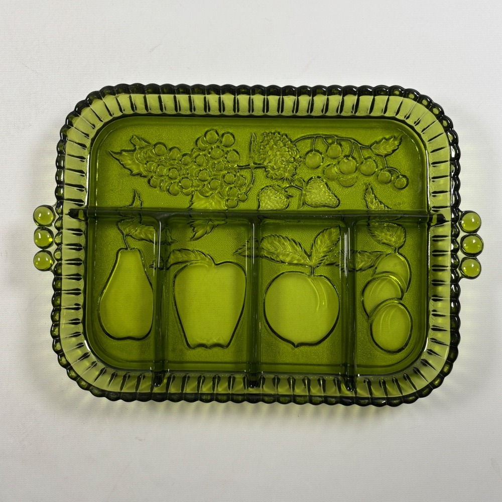 Vintage Indiana Glass Green Fruit Divided Relish Tray Embossed Serving Dish